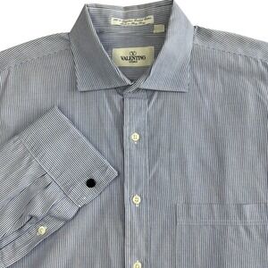 Valentino Uomo French Cuff Dress Shirt Mens 17.5 Blue White Stripe Formal